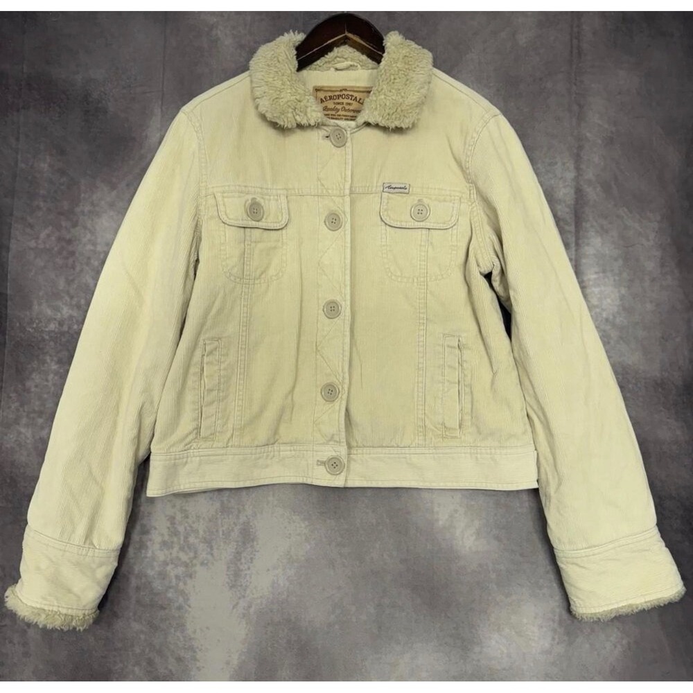 VTG Aeropostale Corduroy Sherpa Collar Trucker Jacket Cream Tan Quilted Lining L
